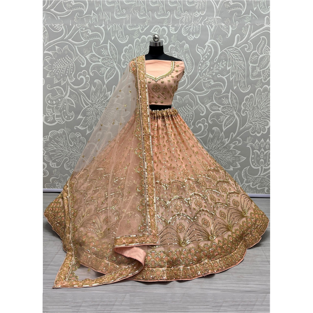 Buy Peach Bridal Net Sequance Embroidered Thread Work Bridal